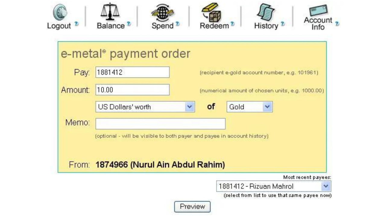 Sending on e-gold in 2005