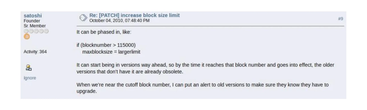 Message from Satoshi Nakamoto describing an increase in the block size limit in 2010