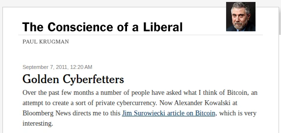 Paul Krugman's first article on Bitcoin