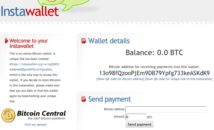 Instawallet interface in June 2012