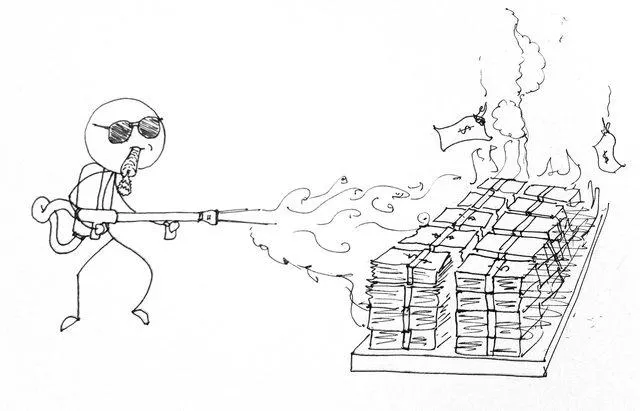 The Gavinator, drawing of Gavin Andresen burning bills by Shazow in April 2011