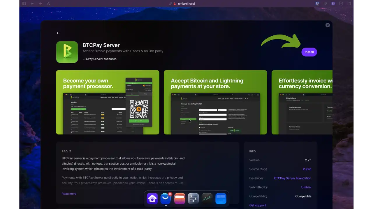 Interface Umbrel App Store avec BTCPay Server