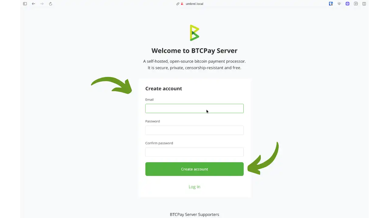 Création du compte administrateur BTCPay Server