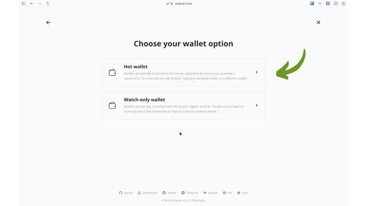 Choix entre Hot wallet et Watch-only wallet