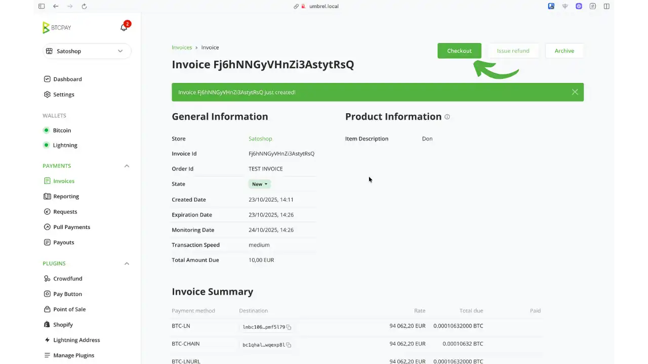 Détails de la facture générée