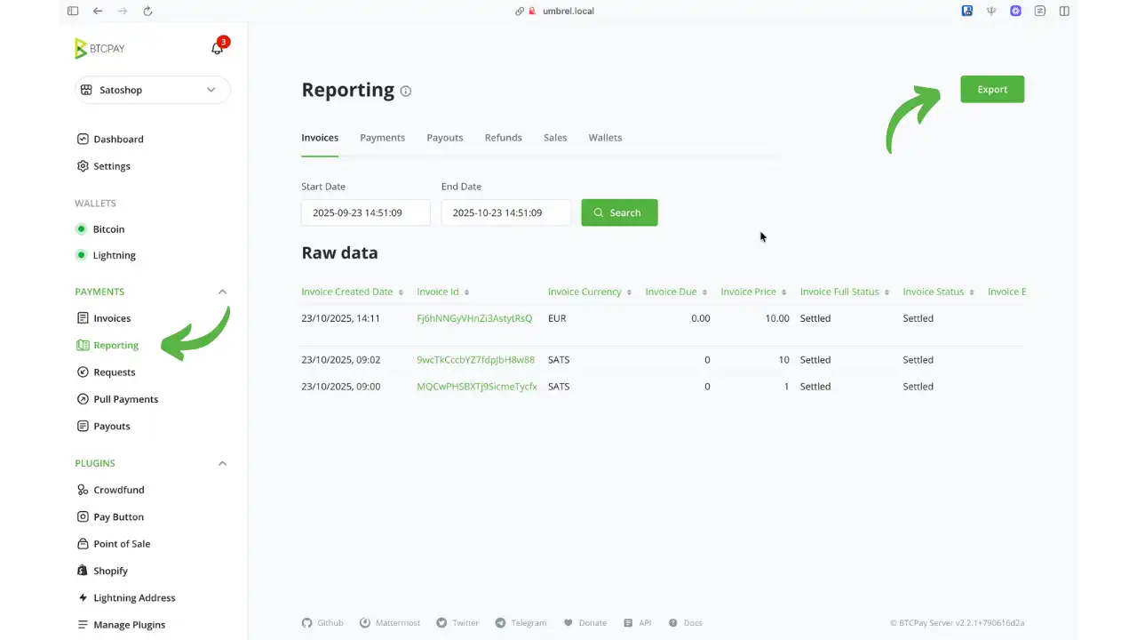 Section reporting avec l'historique des factures