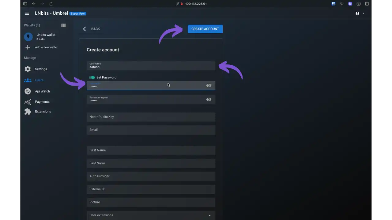 Création utilisateur satoshi