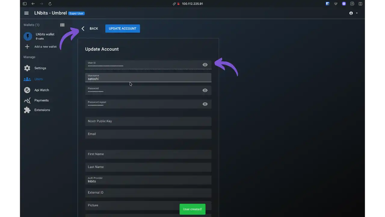 Confirmation utilisateur créé