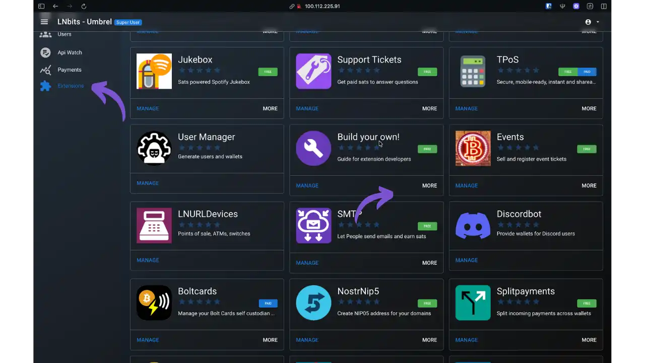 Extensions disponibles