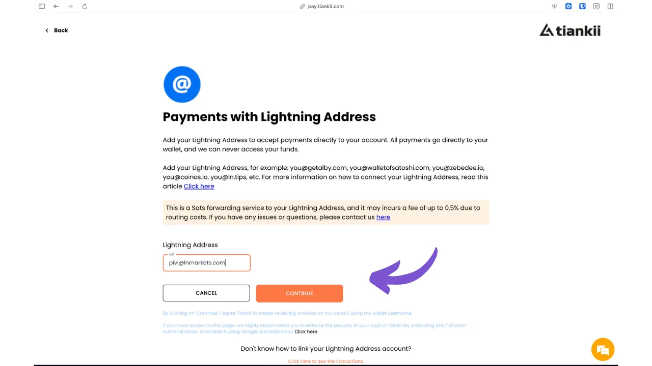 Saisie de la Lightning Address