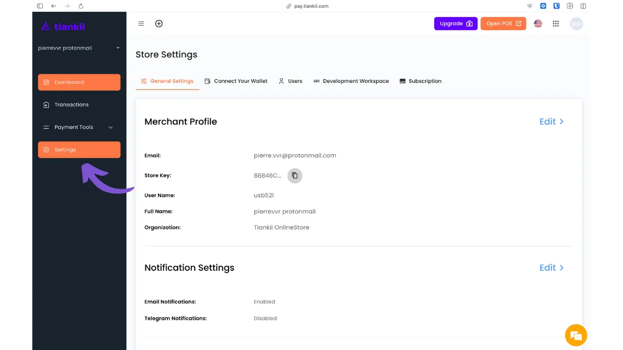 Paramètres du compte marchand