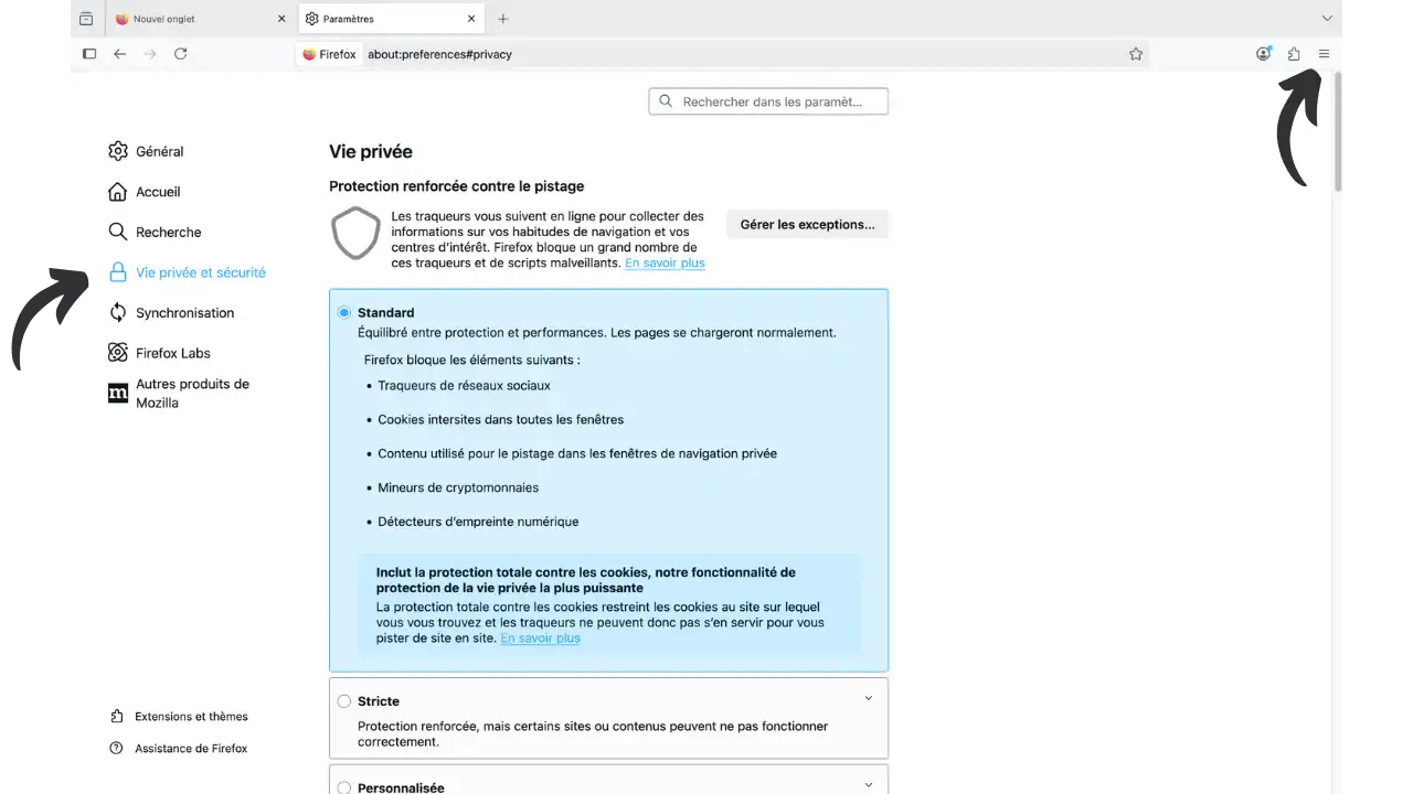 Paramètres protection contre le pistage
