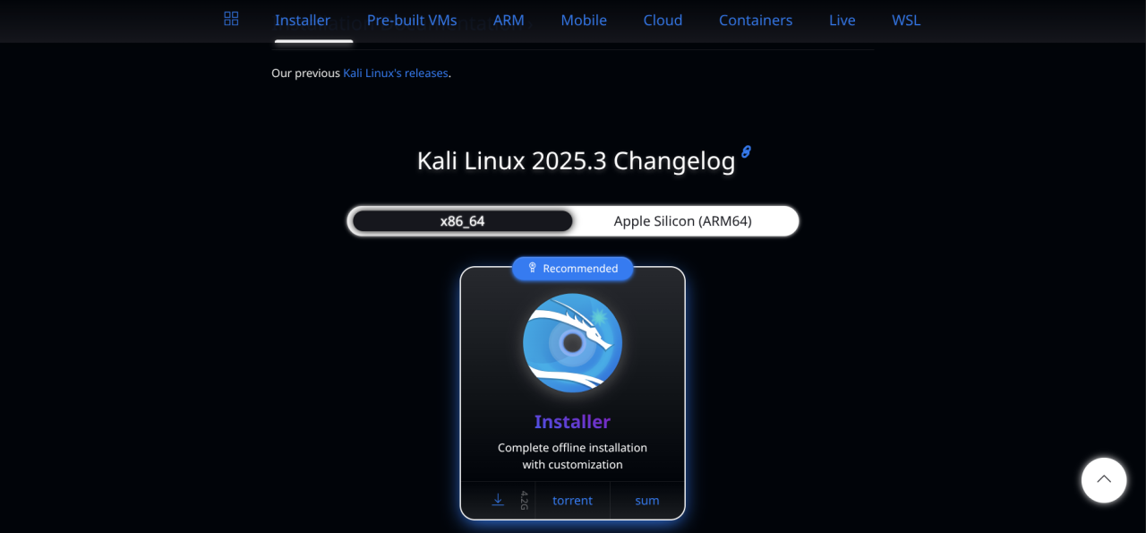 Sélection de la version Kali