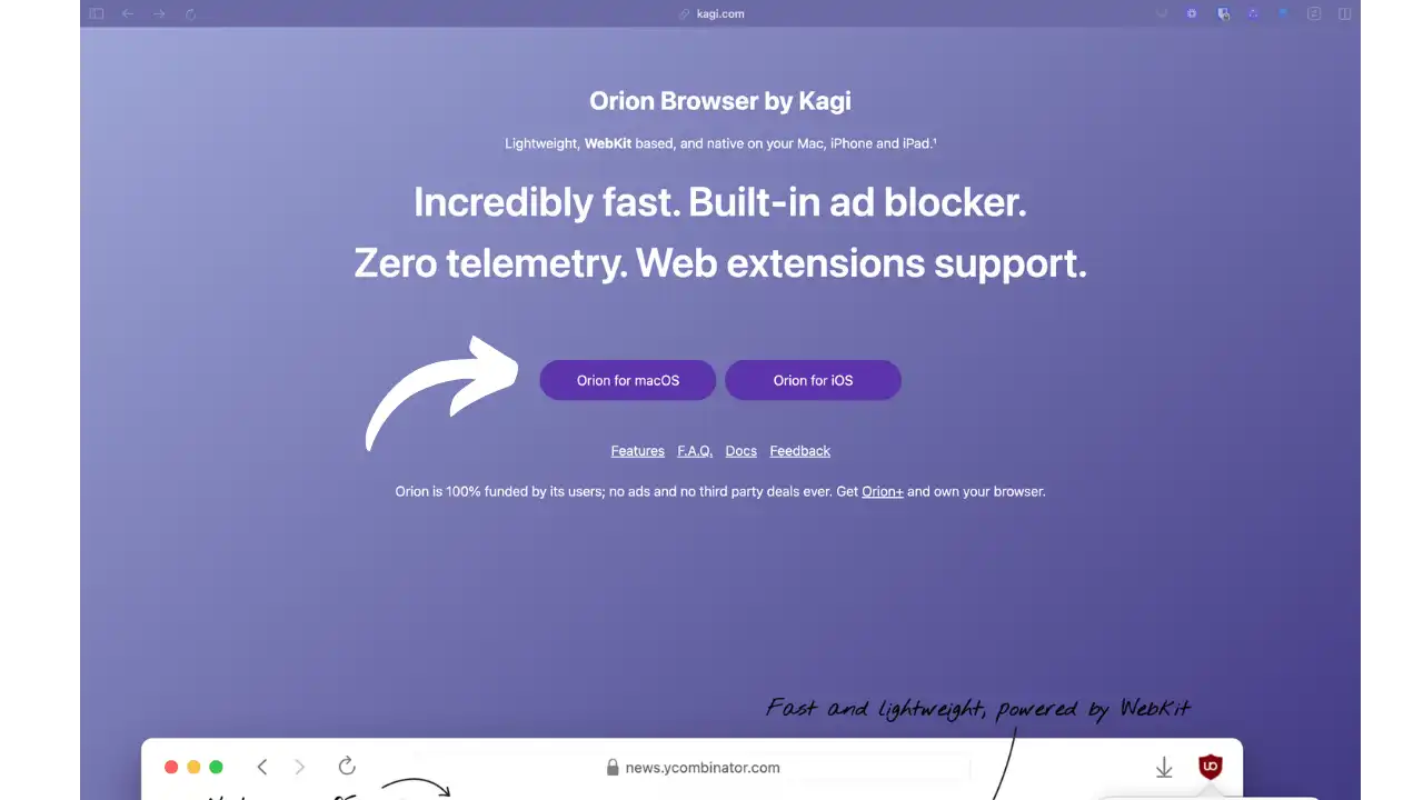 Page d'accueil Kagi avec Orion Browser