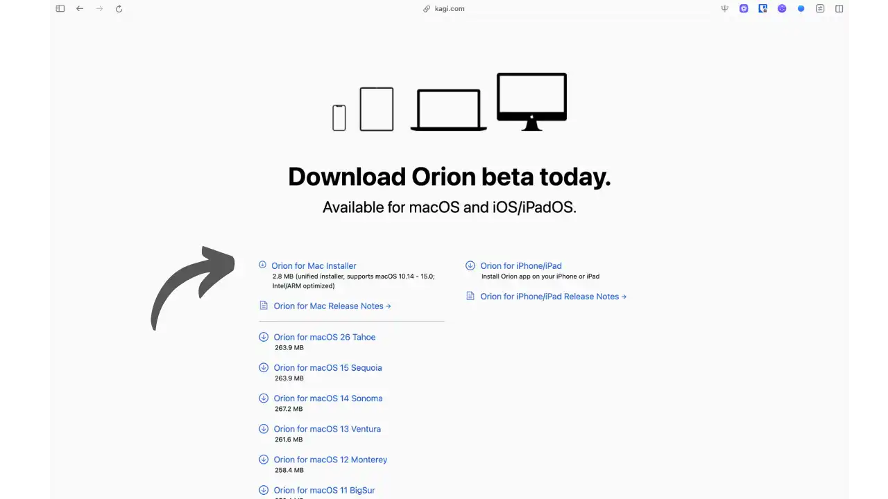 Page de téléchargement d'Orion Browser