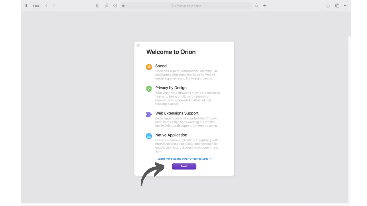 Écran de bienvenue d'Orion