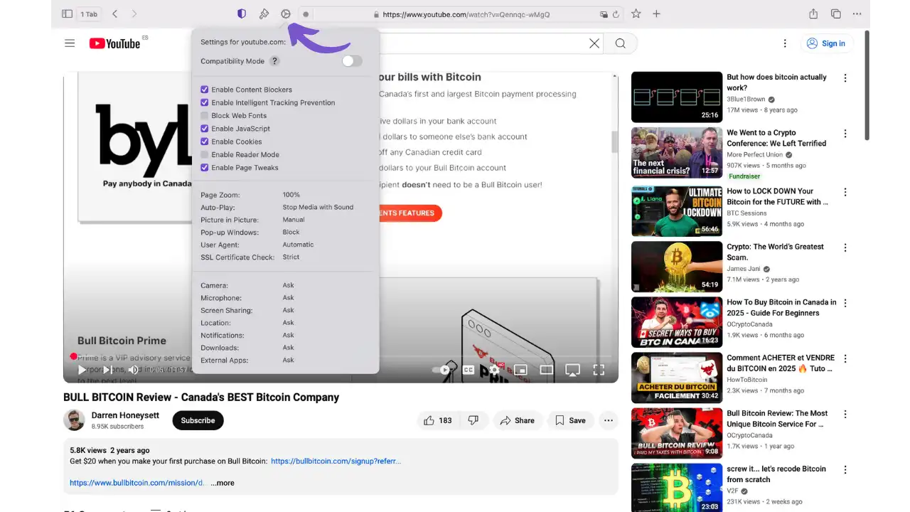 Website Settings pour YouTube