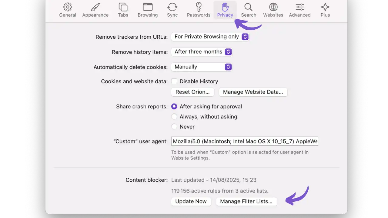 Content Blocker dans les préférences