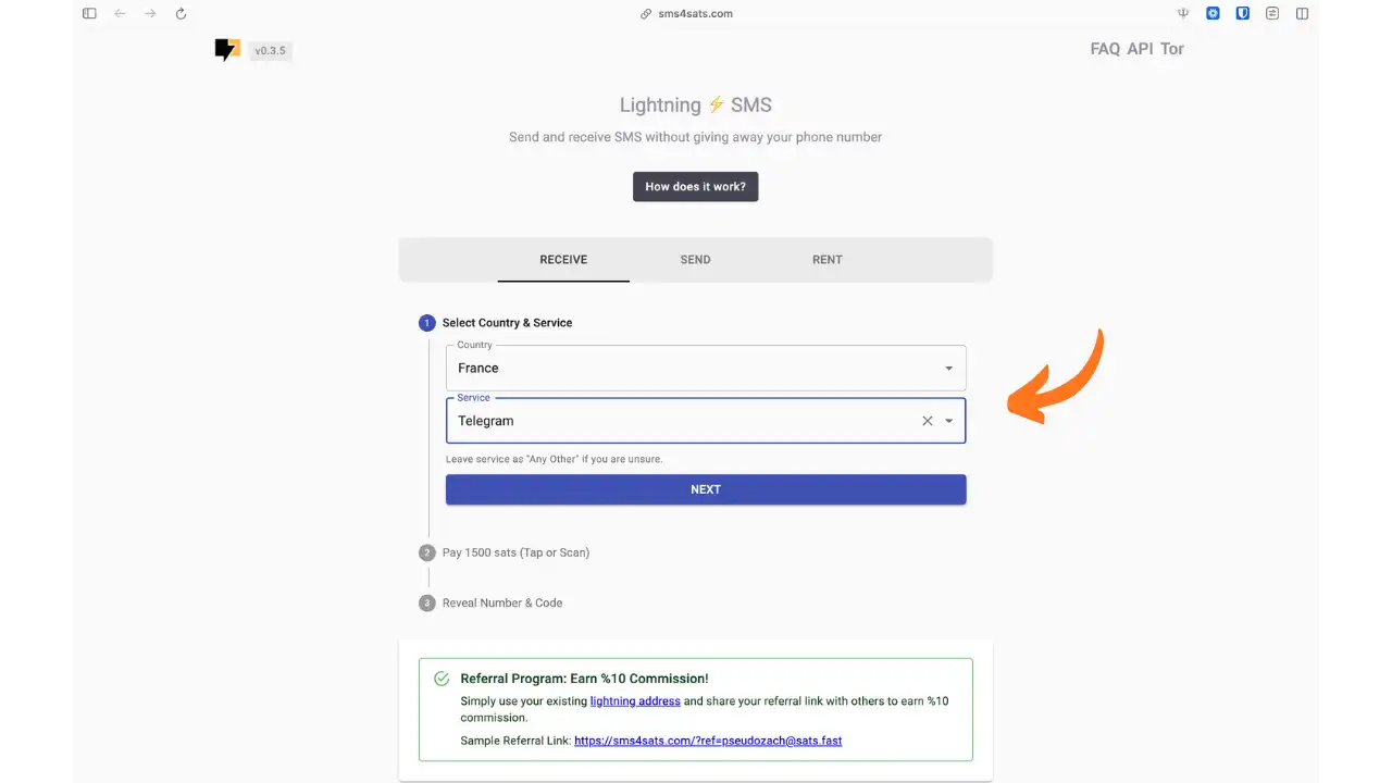 Sélection du pays France et du service Telegram sur SMS4Sats