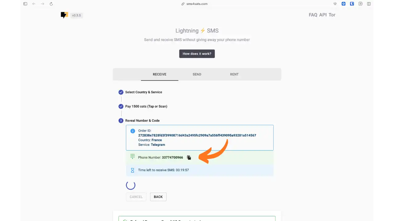Numéro temporaire révélé avec timer d'attente