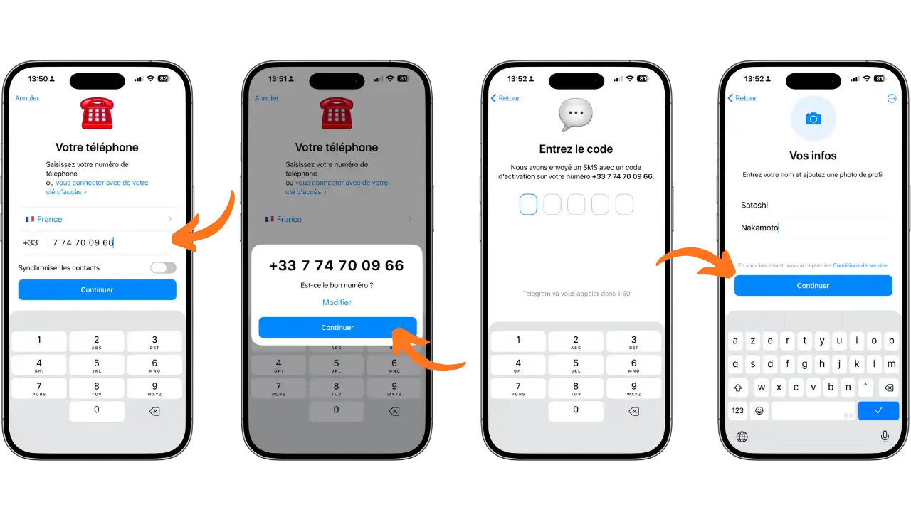 Processus d'inscription Telegram avec le numéro temporaire SMS4Sats
