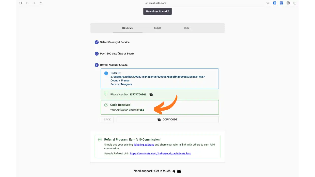 Code de vérification reçu sur SMS4Sats