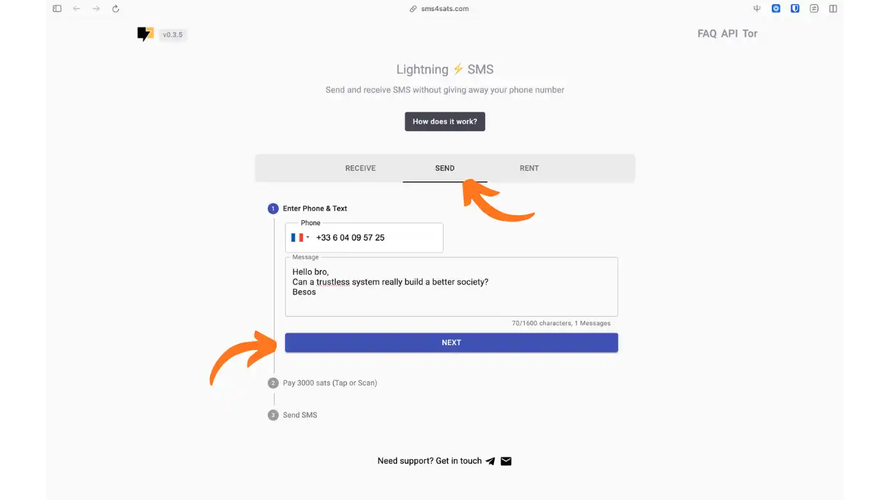 Interface d'envoi de SMS avec numéro destinataire et message