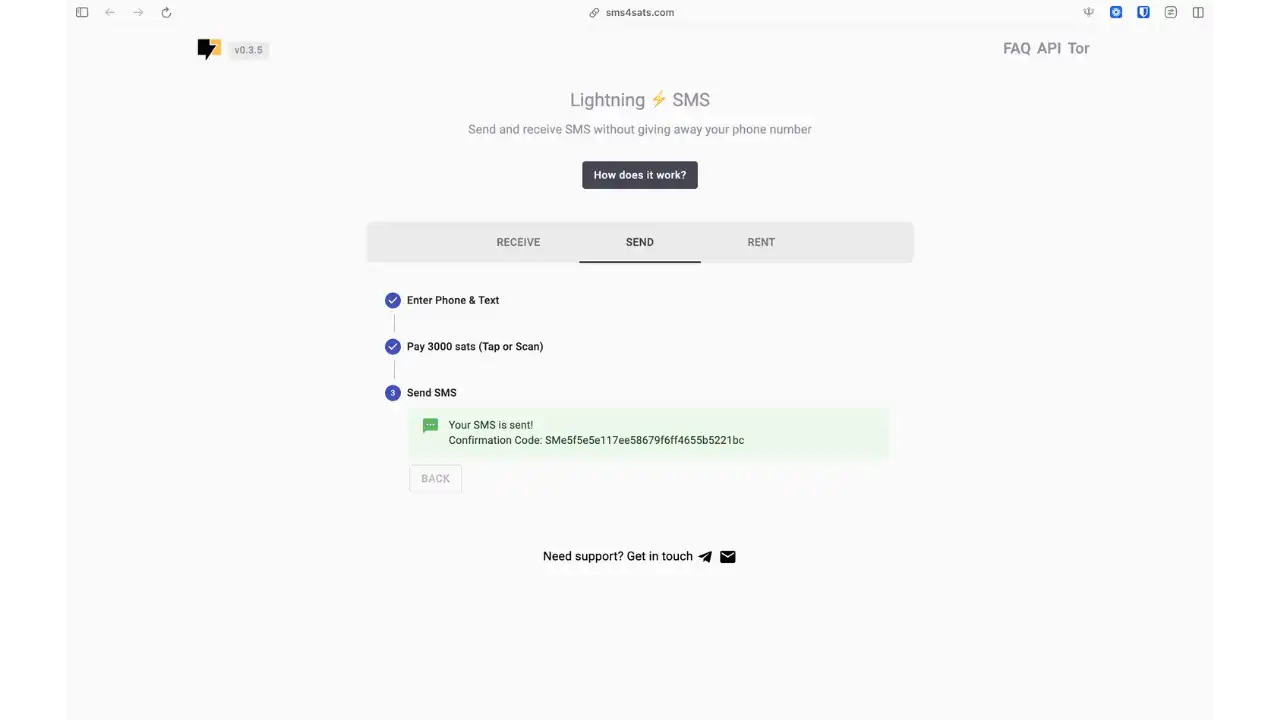 Confirmation d'envoi du SMS avec code de confirmation