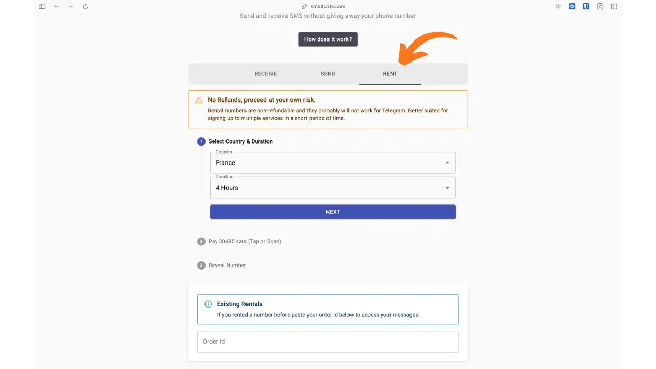 Interface de location de numéro avec avertissement de non-remboursement