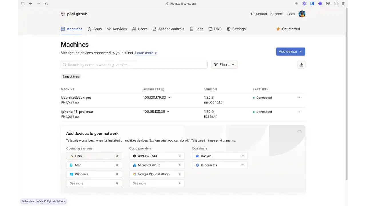 Tableau de bord des machines
