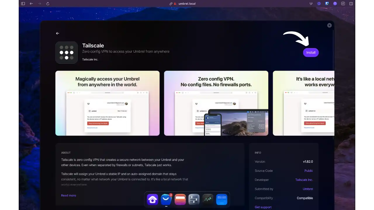 Interface Umbrel avec l'application Tailscale