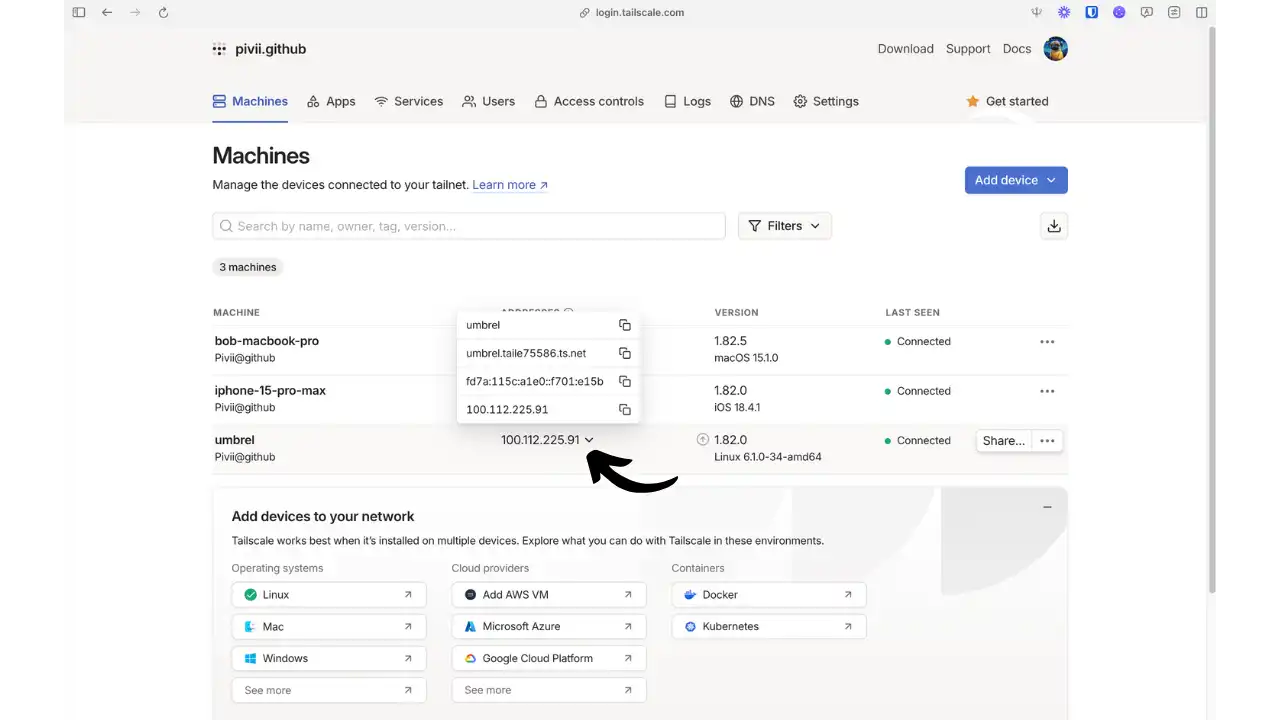 Console Tailscale avec appareils connectés