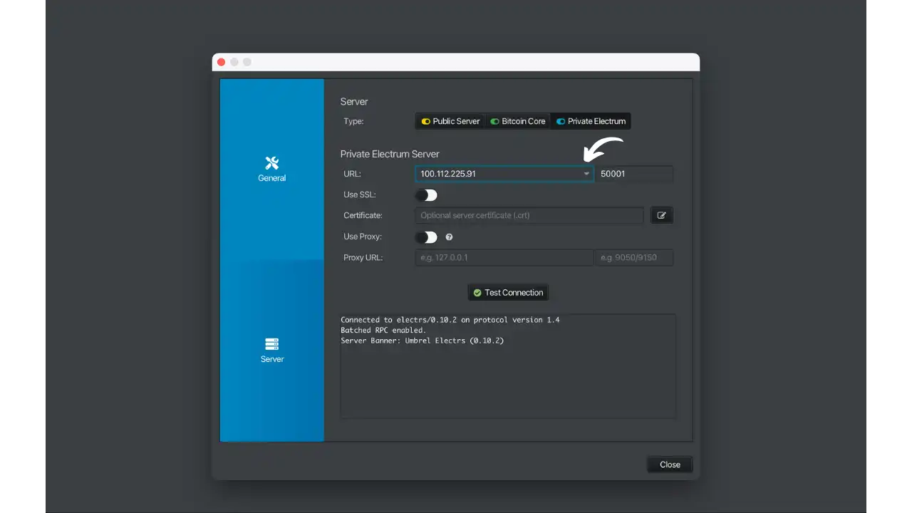 Configuration Electrum dans Sparrow