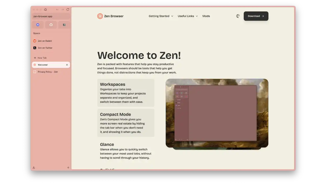 Page d'accueil Zen Browser