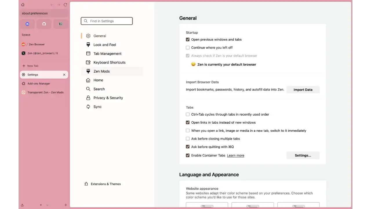 Interface des paramètres
