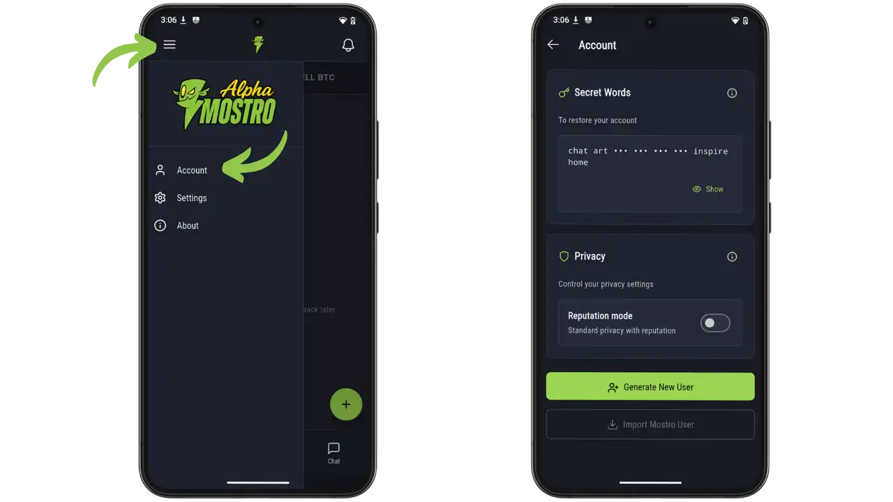 Menu et sauvegarde des clés