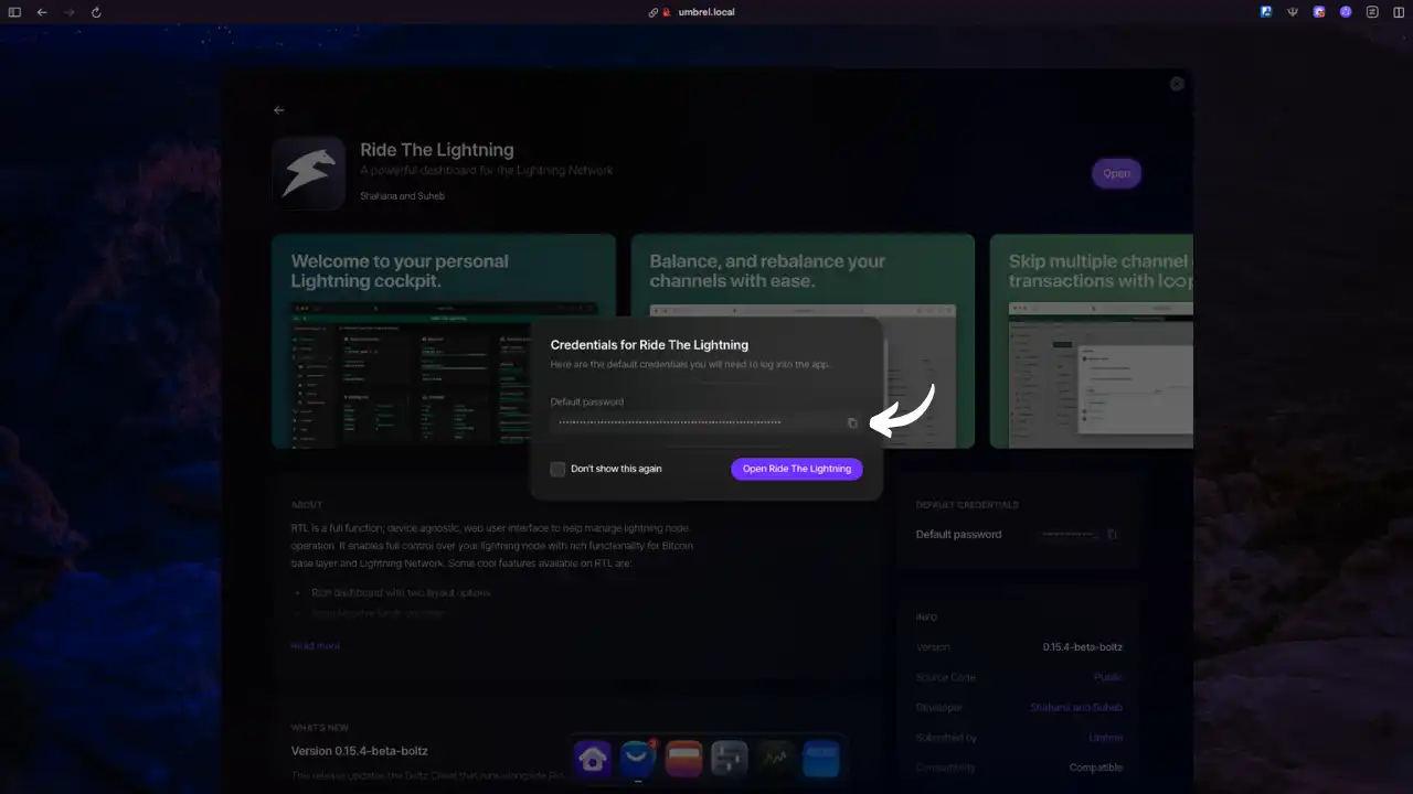 Fenêtre d'affichage du mot de passe par défaut après installation de RTL dans Umbrel, avec bouton "Open Ride The Lightning"