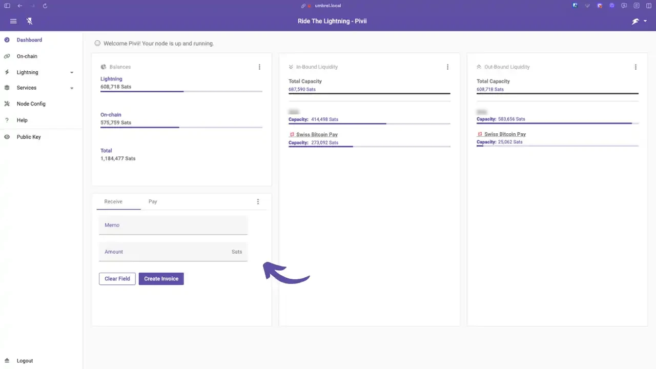 Tableau de bord RTL : solde Lightning, solde on-chain, capacité de liquidité entrante/sortante et création de facture