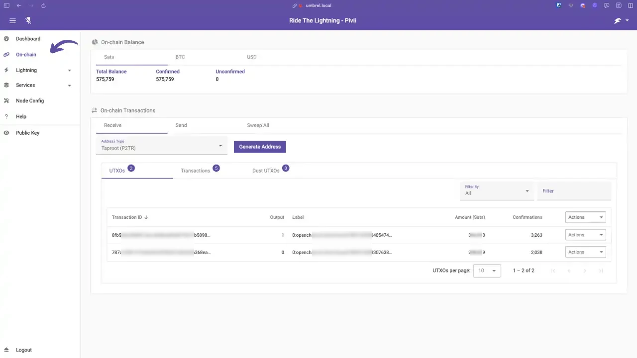Onglet "On-chain" actif dans RTL : solde Bitcoin (en sats, BTC, USD), et liste des transactions avec type d'adresse Taproot