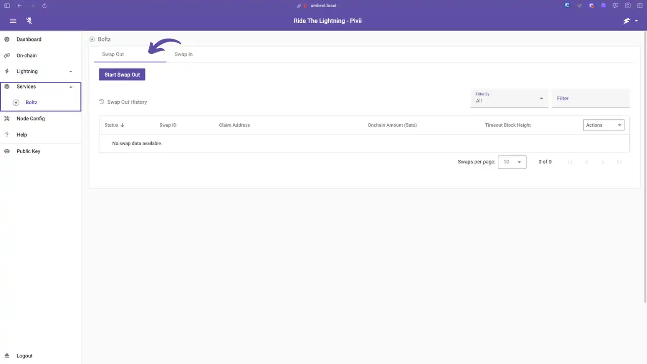 Interface de gestion des swaps avec Boltz (onglet "Services" > "Boltz")