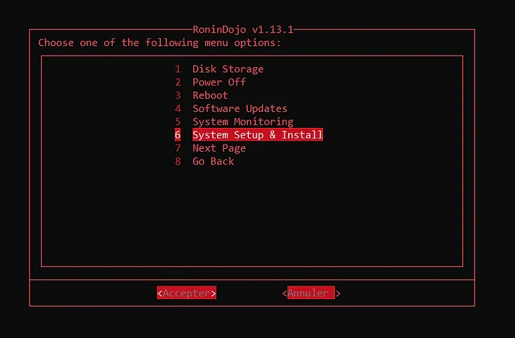 RoninCLI navigation menu to RoninDojo system installation