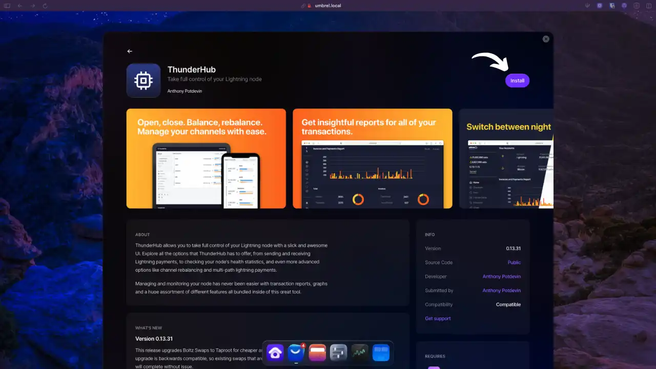 Écran d'installation de ThunderHub via Umbrel