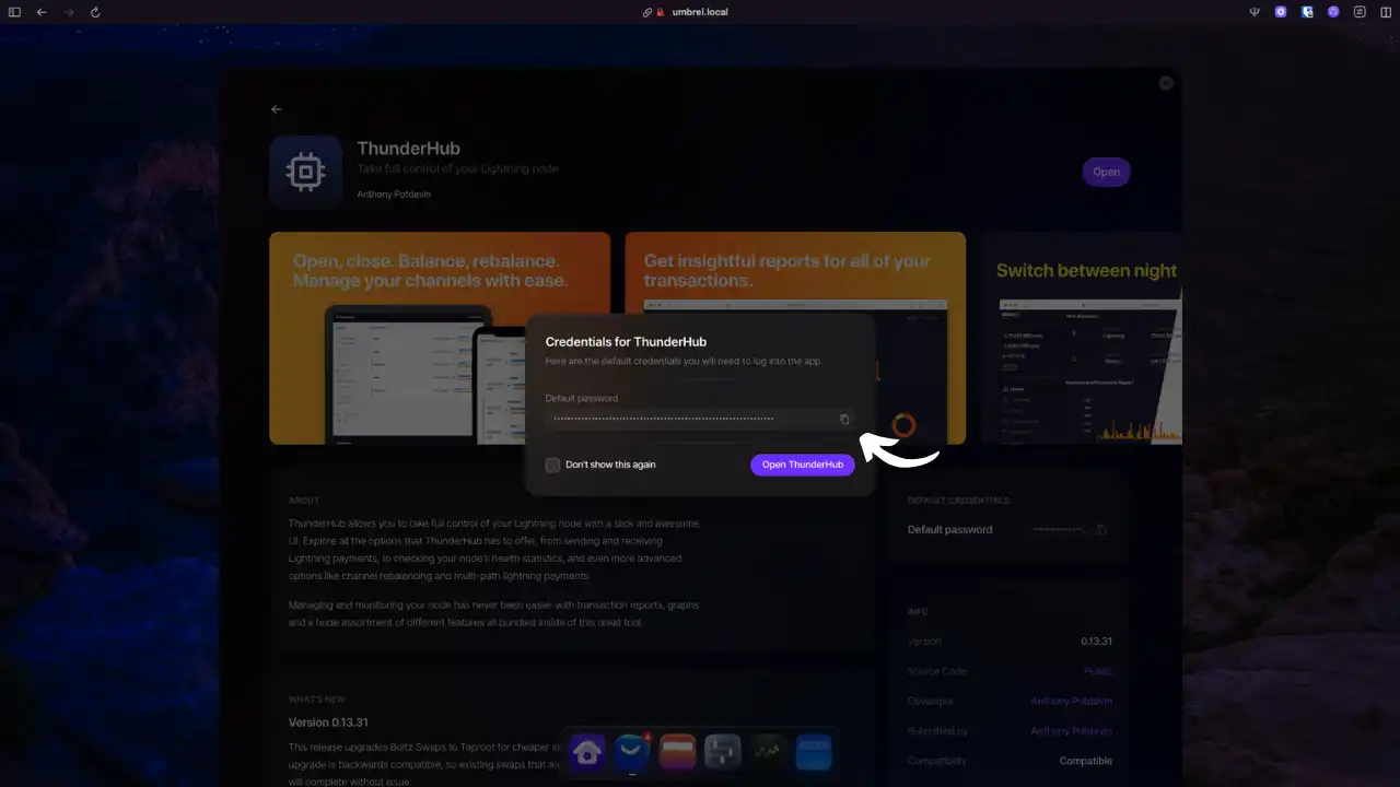 Identifiants par défaut pour ThunderHub