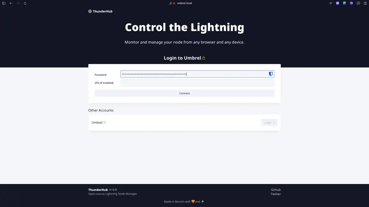 Interface de connexion complète à ThunderHub