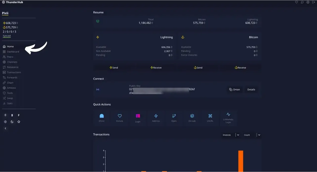 Tableau de bord principal de ThunderHub