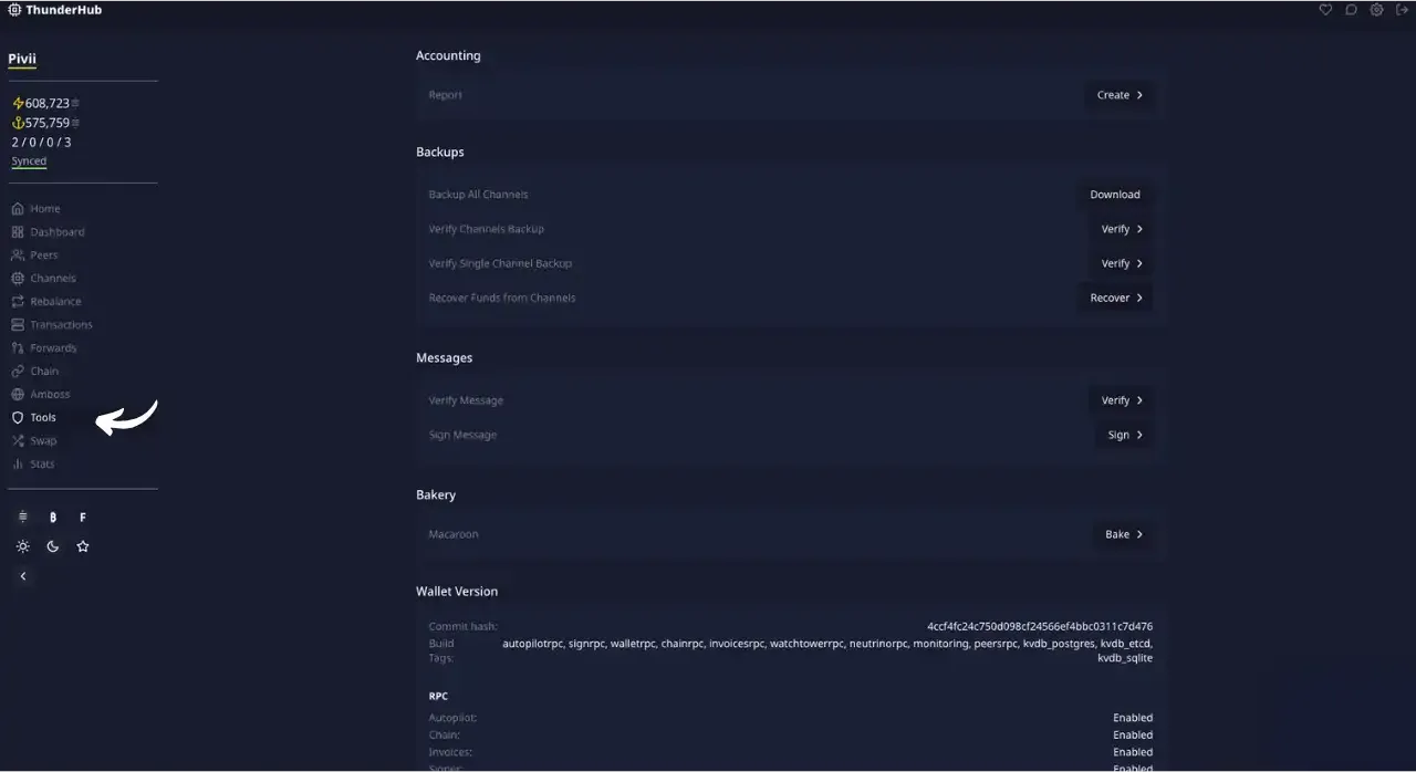 Interface des outils disponibles