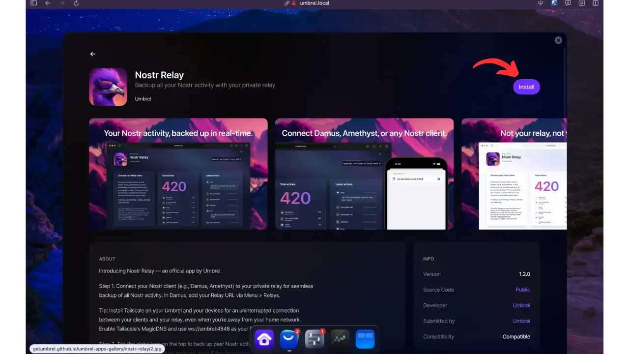 Page d'installation de Nostr Relay sur l'App Store Umbrel