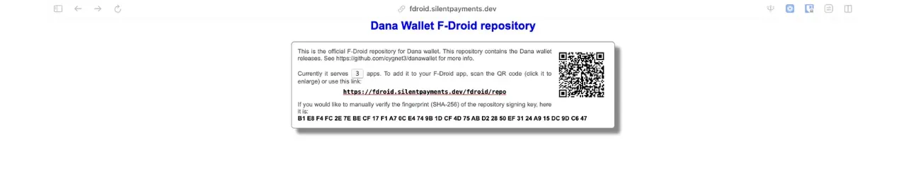 Page du dépôt F-Droid Dana Wallet avec QR code et lien