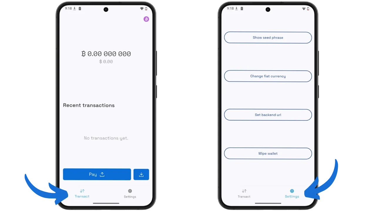 Interface principale Transact et menu Settings