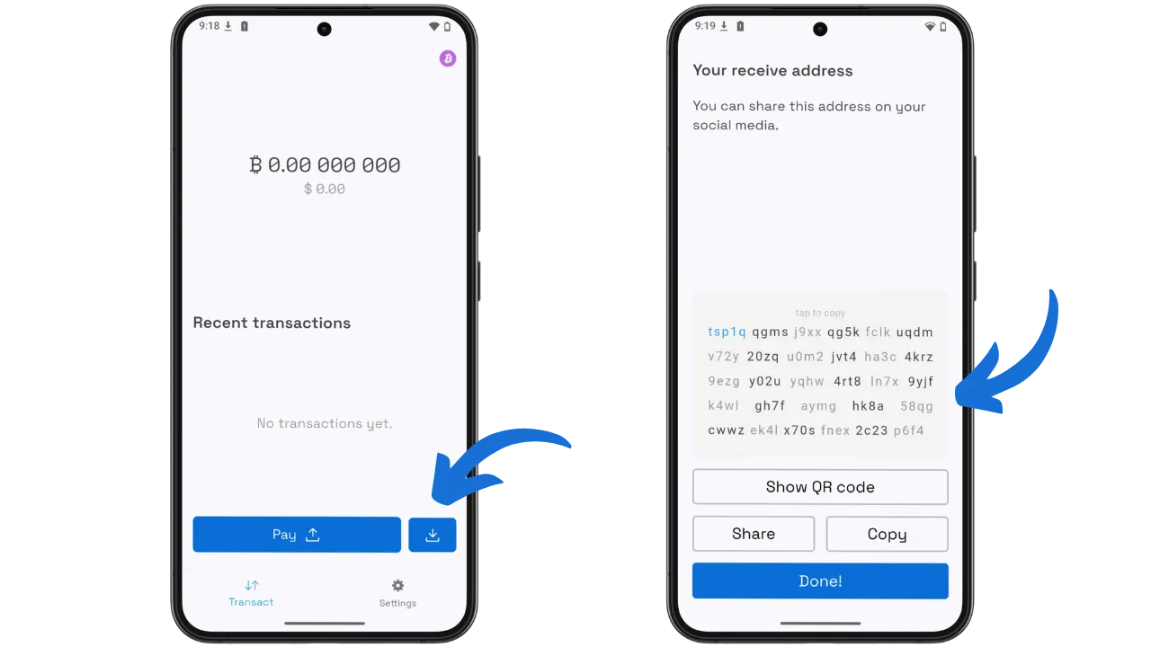 Affichage de l'adresse de réception Silent Payment